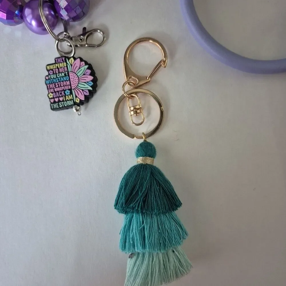 Lot Of 10 Silicone Beaded Tassel Charms Bangle Wristlet Key Chains ID Holder